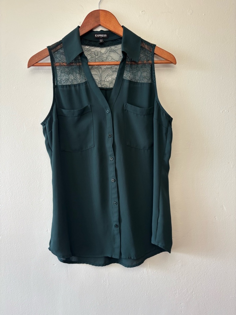 Express Sleeveless Lace Yoke Blouse Dark Green Button Front Size M